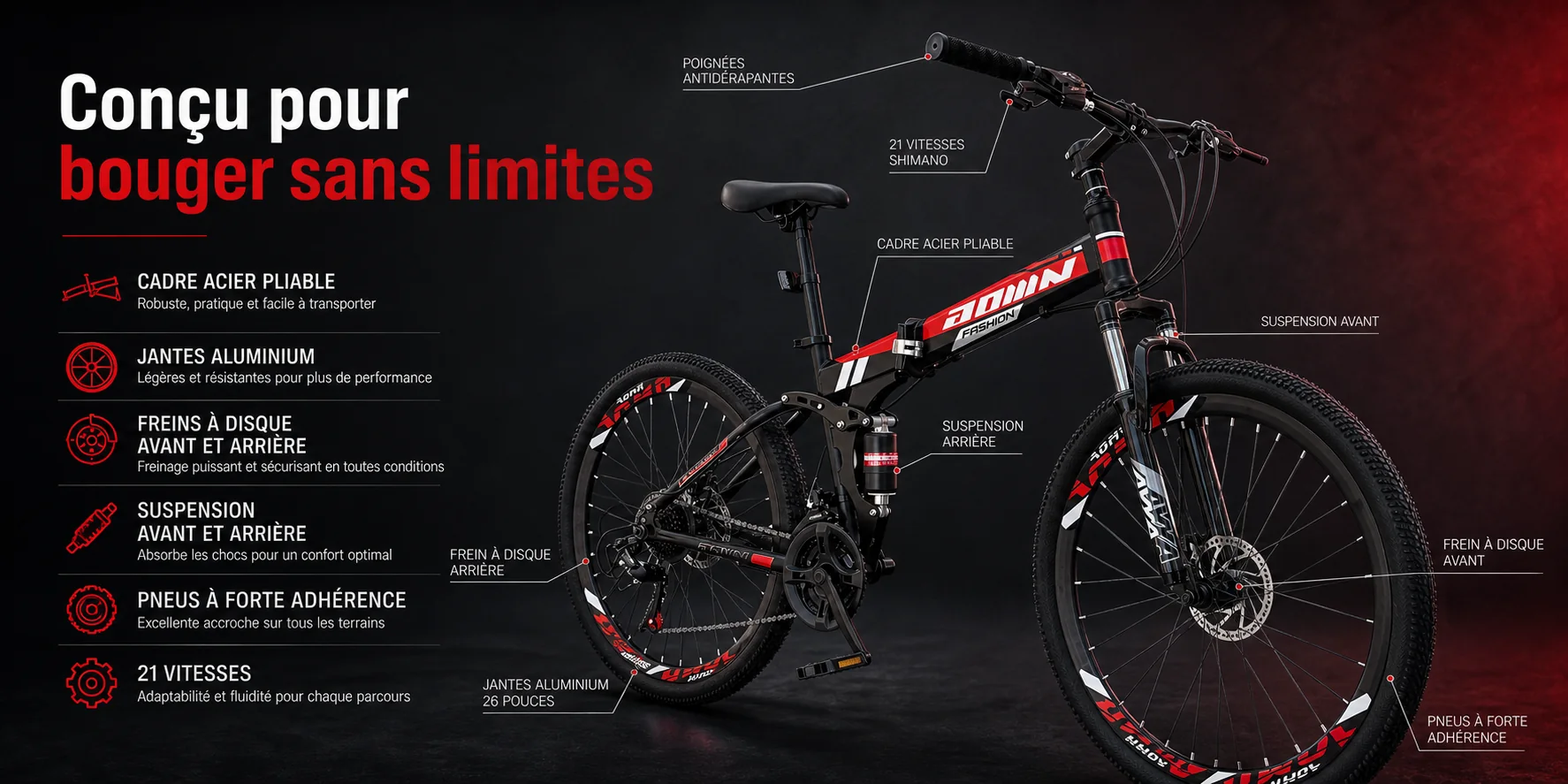 Vélo VTT PLIABLE AOMN 26 POUCES — dimensions et ergonomie