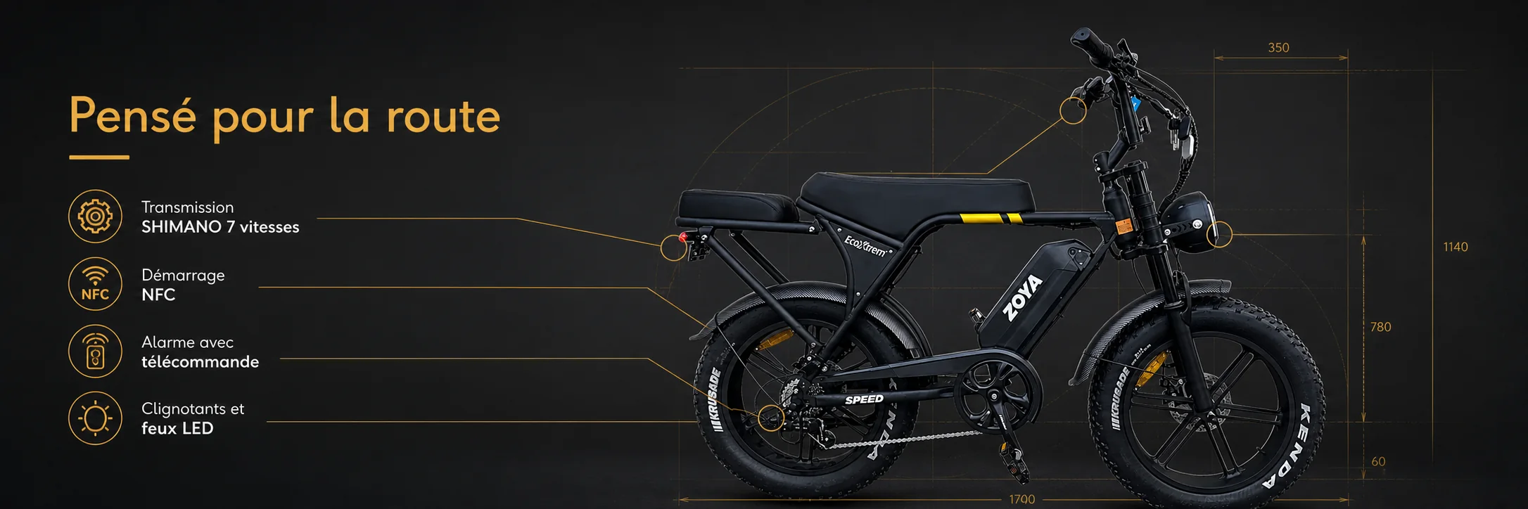 Vélo Électrique ZOYA PLUS 48V 1000W – ECOXTREM — dimensions et ergonomie