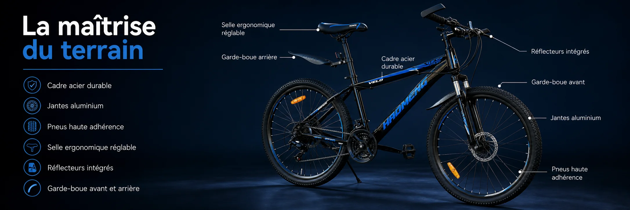 Vélo VTT HAOMENG 27,5 POUCES — dimensions et ergonomie
