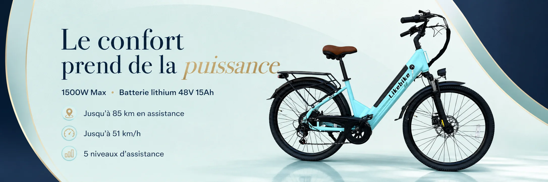 Vélo Madame Électrique Likebike MY2 1500W Max — puissance et autonomie