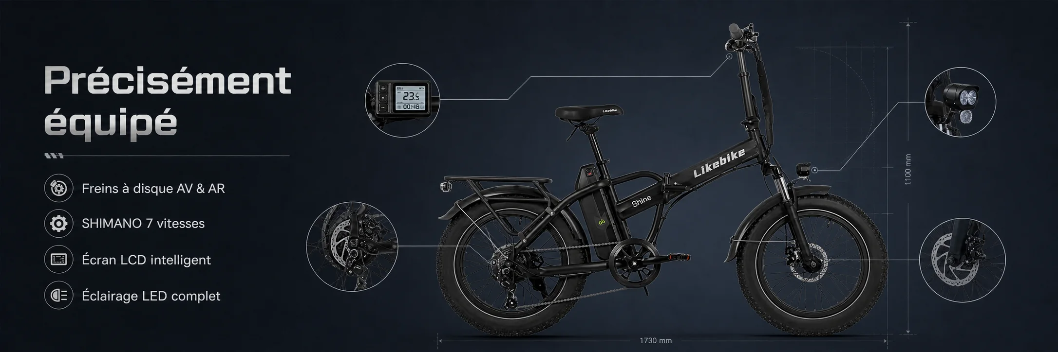 Vélo Électrique SHINE Professional Focus Pliable 48V - LIKEBIKE — dimensions et ergonomie