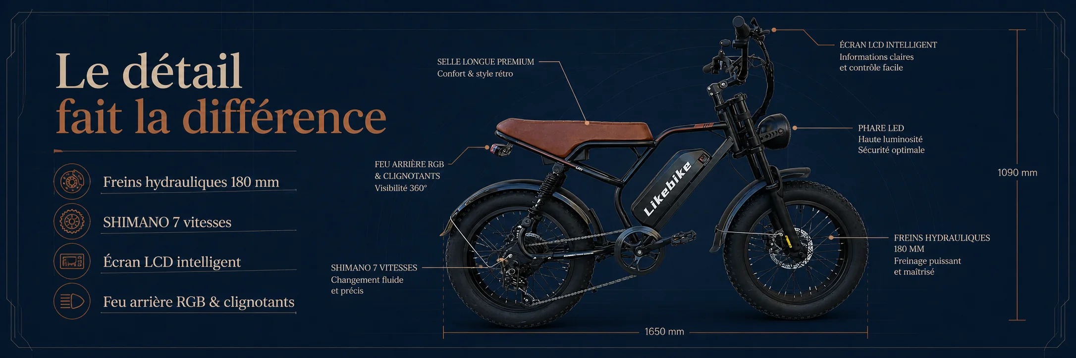Vélo Électrique U11 HARLEY Professional 48V 750W – LIKEBIKE — dimensions et ergonomie