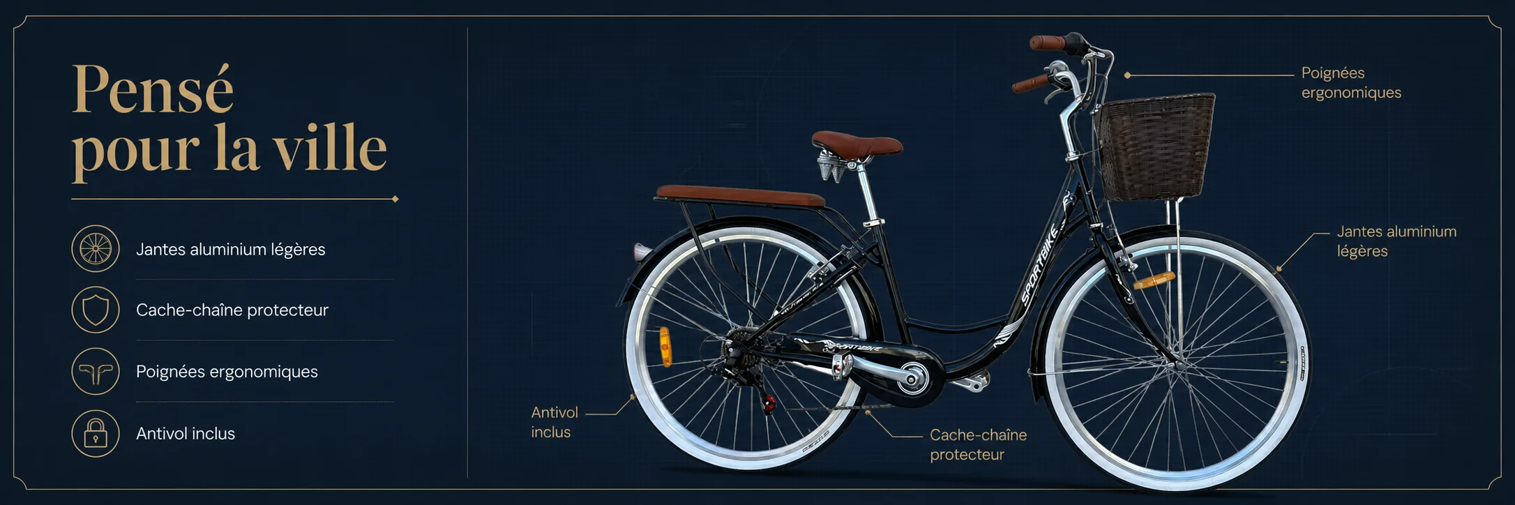 Vélo Madame Classique SPORTBIKE 28 Pouces — dimensions et ergonomie